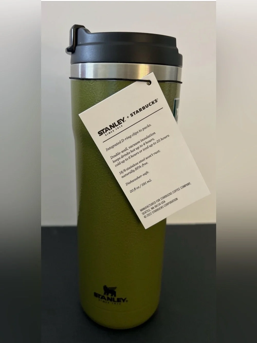 Starbucks Olive Green Travel Mug with Black Handle and Silver Trim